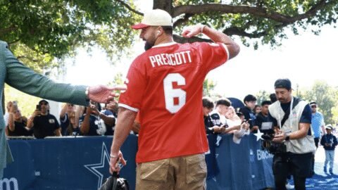NFL Week 7’s fashionable arrivals, featuring Jake Ferguson wearing Dak’s high school jersey